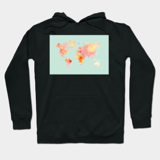 World Map Watercolor, Blush and Mint Palette Hoodie